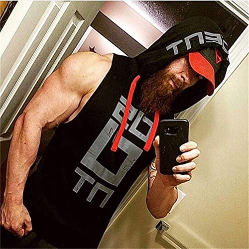 Image of HOT BUTTON Men's Hooded Tank Top | Slim Fit Sleeveless Gym Bodybuilding Stringer | Quick Dry Sports Training Vest Graphic Printed Hoodie for Men