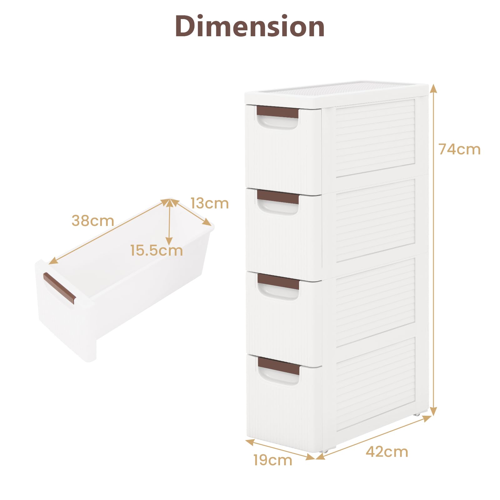 KOMFOTTEU Meuble de Rangement étroite avec Tiroirs, Colonne de Salle de Bain avec 4 Roulettes, Commode de Stockage Gain de Place, Plastique (4 Tiroirs, lot de 1, 42 x 19 x 74 cm)