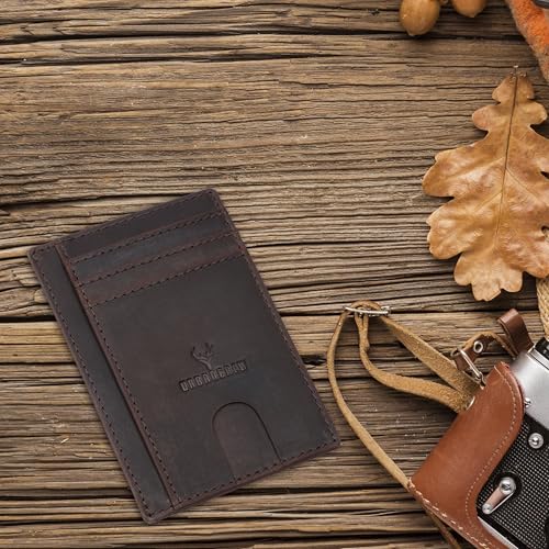 URBAN CREW Slim Leather Wallet for Men – RFID Blocking Minimalist Front Pocket Card Holder with Money Slot – Vintage Look (Dark Brown)3