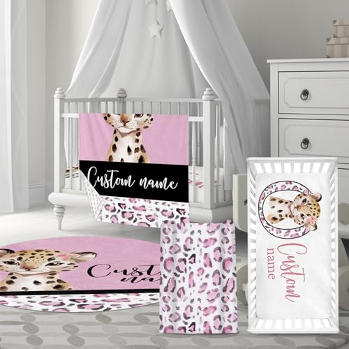 HSHRYY Custom Name Girl Crib Bedding Set for Infant Baby, Personalized Nursery Decor Baby Blanket Fitted Crib Sheet Changing Pad Cover Room Rug 4 Pcs, Pink Leopard Theme