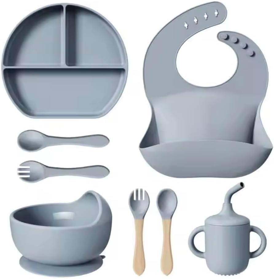 Silicone Baby Feeding Set – Toddler Divider Suction Plate & Bowl, Adjustable Soft Silicone Bib, Cup & Cutlery (Multicolor) | Eco-Friendly and BPA-Free Tableware Set (Blue)