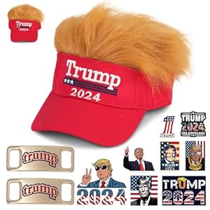 Trump Hat 2024 with Hair，MAGA Trump Stickers 50 Pack ，Trump Shoes Lace Tag， Trump Merchandise Make America Great Again Hats For Men Women，Trump Gifts Cap Bumper