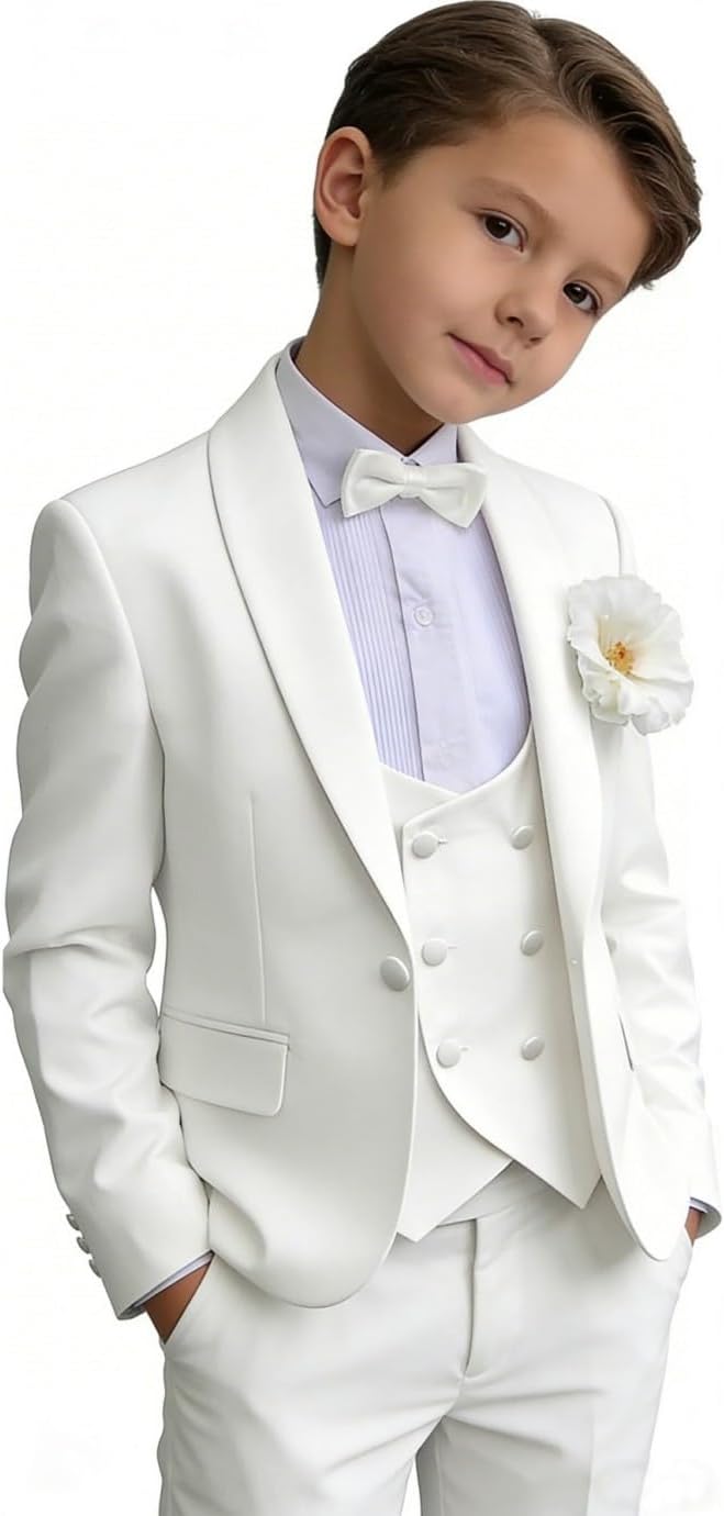 Boys 3 Piece Slim Fit Kids Tuxedo Suits Solid Color Formal Wedding Ring Bearer Outfit Teen Prom Suit