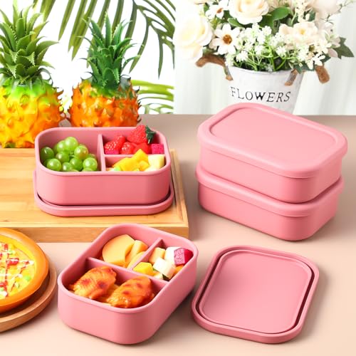 Image of Honeydak 4 Pcs Silicone Bento Box, 3 Compartment Lunch Food Container for Women Men, Leak Proof Microwave Easy to Clean Dishwasher Freezer Safe (Red)