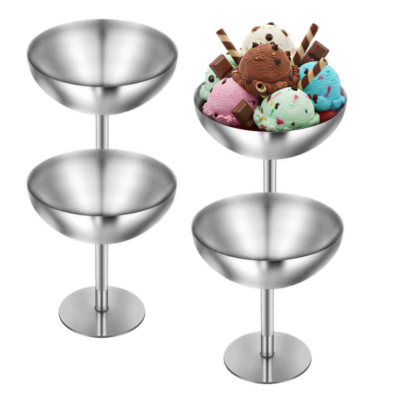 Lot de 4 Coupes à Glace en Acier Inoxydable, Bol à Dessert Isotherme Double Paroi, Verrines à Dessert Réutilisables pour Glaces, Salade de Fruits (Argent mat, grand format-160 ml)