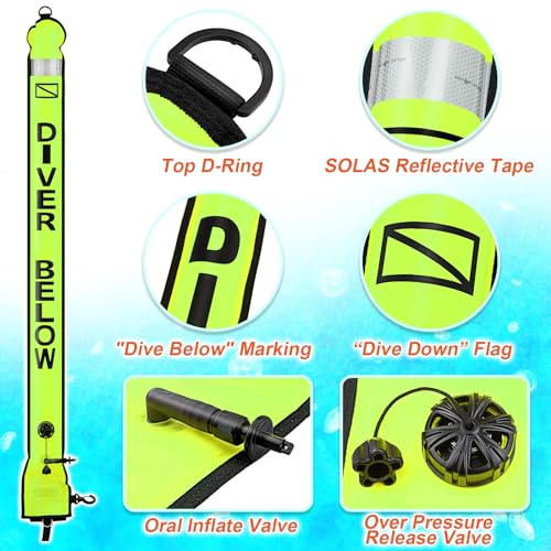 Image of Surface Marker Buoy Scuba with Reel, 5ft High Visibility Diving Open Bottom Signal Tube Safety Sausage with Pouch Bag, 100ft ABS Dive Reel and Steel Double-Ended Bolt Snap (Hi-Vi Yellow)