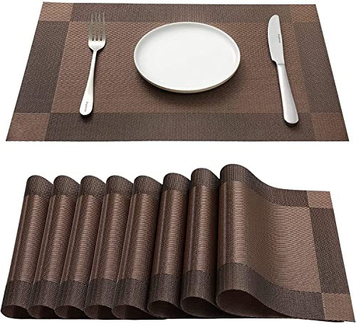 Image of Placemats Set of 8 - Dining Room Table Mats - Woven PVC Placemats - Heat Resistant mat - Washable Kitchen Table Mats (8-Piece, Brown)