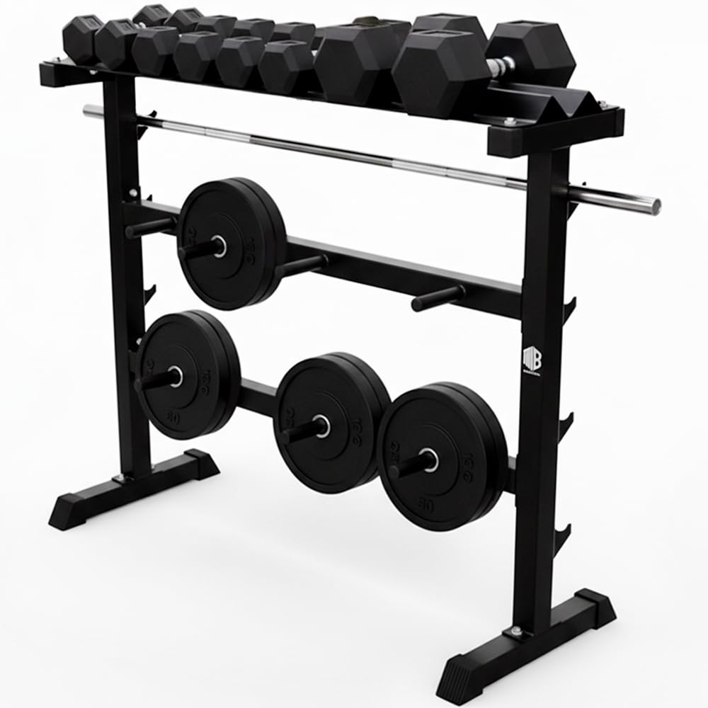 ManiBoom Soporte Mancuernas Casa de Acero 2 Niveles Horizontales + 2 Verticales - Organizador Gimnasio - Estante de Almacenamiento para Pesas Rusas, Barra Esterillas y Mancuerna - Mancuernero