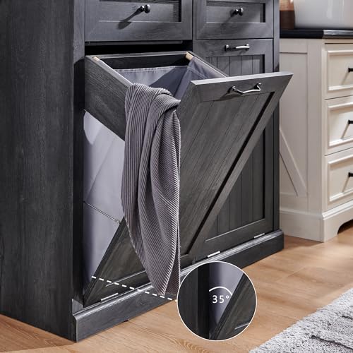 Image of IFGET Double Tilt Out Trash Cabinet, Wood Trash Can Cabinet, Dark Grey
