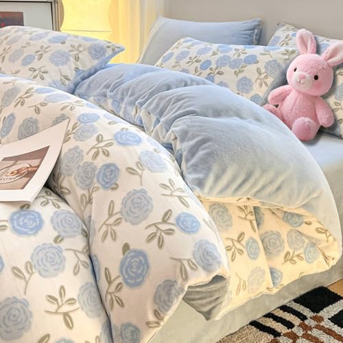 Mesnt Juego de funda de edredón de 4 piezas, juego de cama doble con patrón de flores con sábana y 2 fundas de almohada, poliéster, azul claro, estilo 3, 1,5 m - 200 x 230 cm