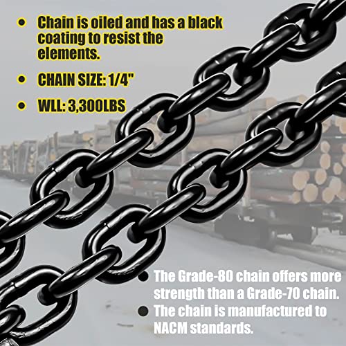 FITHOIST G80 Transport Binder Chain 1/4 Inch x 14 Ft | Tow Chain with Clevis Grab Hooks | 3,300 lbs Safe Working Load | Heavy Duty Chain for Transporting Towing Tie Down Binding Equipment - Thumbnail 4