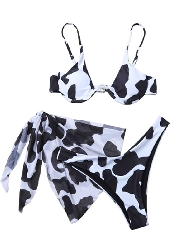 Spevert Women's Bikini Set 3 Piece Cow Print Swimsuits High Waisted Adjustable Straps Push Up Bathing Suit with Beach Cover