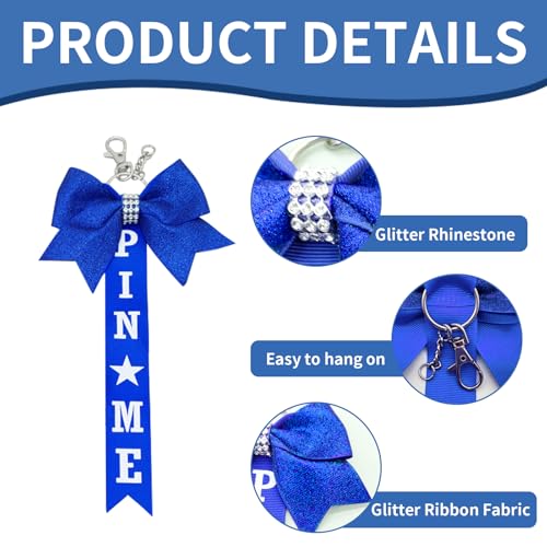 12 Pcs Cheer Pin Me Ribbon for Backpack Bow Keychain with Glitter Rhinestones Bow Cheer Competition for Girls Cheerleading Sports Accessory Gifts (Blue)3