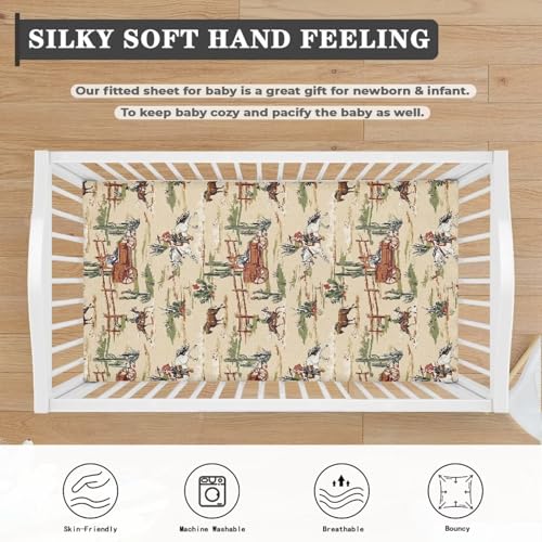Image of Western Cowboy Baby Crib Sheets Neutral Breathable Bedding Sets for Cribs Horse Fitted Removable Mattress Cover for Boys Safe and Breathable Nursery Decor Home Accessories