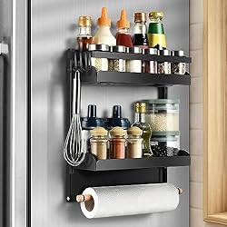 aceyoon Especiero Magnetico para Frigorífico, Estanteria Especias Cocina Multiuso 2 Niveles Organizador Especias con 4 Ganchos y Portarrollos Especieros para Cocina Ahorro de Espacio (Negro)