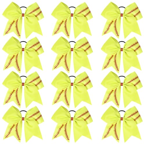 DEEKA 12 PCS Softball Cheer Bows with 2 Glitter Stitching Cheerleader Team Bows Elastic Band for Softball Sports Girls (Neon Yellow+Red Stitching)