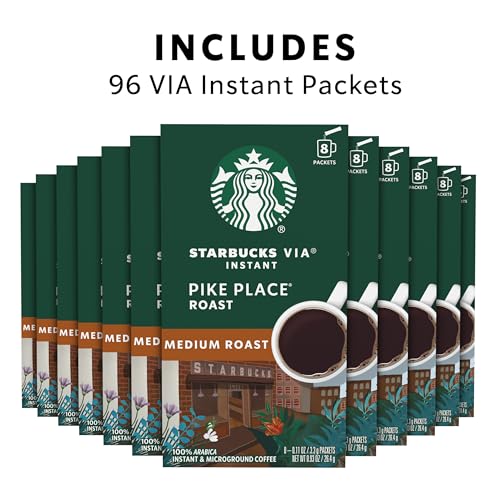 Image of Starbucks VIA Instant Coffee, Pike Place Roast, 96 Count | 100% Arabica instant coffee packets; Pike Place Roast medium roast; 12 boxes, 8 packets each (96 total)