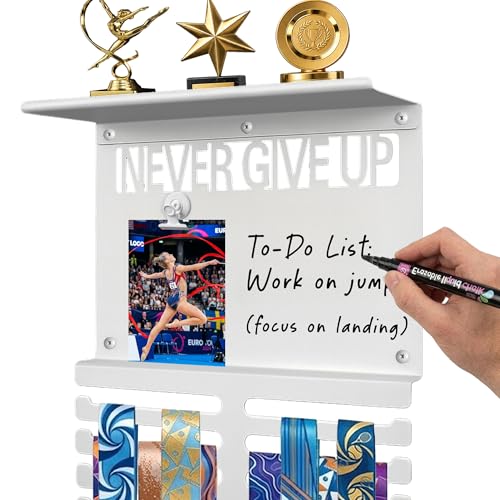 Image of Running Medal Hanger Display with Trophy Shelf, Never Give Up Race Medal Display with Photo or Race Bib Holder, Writable Goal Area, Wall Mounted, White