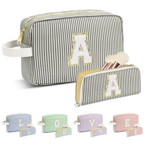 Travel Makeup Bag Gifts for Women Girl Teens, Personalized Initial Makeup Bag for Cute Teen Girls, Preppy Stuff Toiletry Bag Cosmetic Bag, Teen Girls Gift Trendy Stuff, Letter A