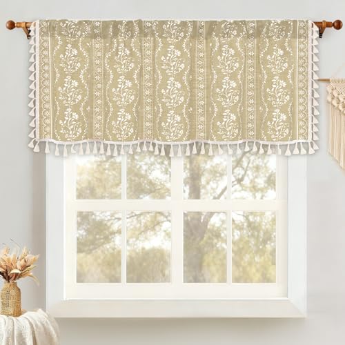 Image of Yinhua Boho Valance Curtains Vintage Linen Natural Kitchen Valances for Windows Light Filtering Bohemian Floral Valance Rod Pocket Farmhouse Tassel Window Valances for Bathroom Cafe, 52 inch W X 18 inch L