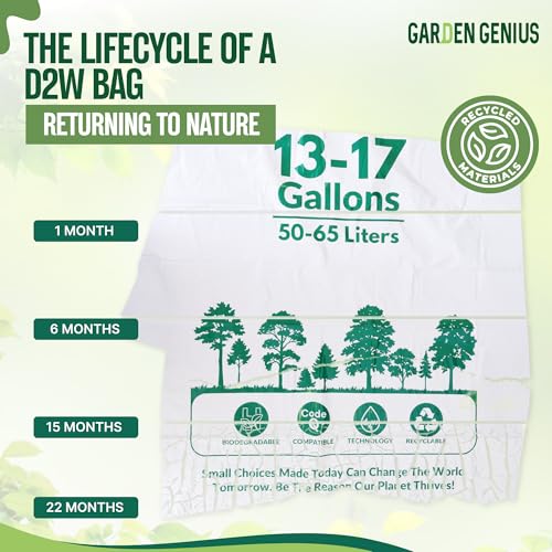 Image of Biodegradable 13-17 Gallon Code-Q Trash Bags (50 Pack) | Strong Heavy-Duty Tall White Kitchen Bags w /Drawstring | Fits Simplehuman & Standard Cans | Eco-Friendly D2W, 30 Micron Thick | 25.6 inch x 33.5 inch