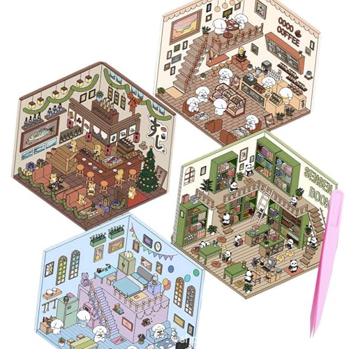全4点セット DIY 3D コラージュ素材 シーンシール 造景ル 紙ミニチュア模型 紙ドールハウス 紙素材 手帳パック 日記帳 DIY 3D ハウスステッカー 立体 韓国系 ニッチ ストレス解消 可愛い 趣味