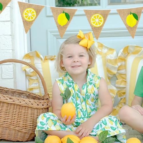Image of 24Ft Lemon Burlap Banner Lemon Burlap Pennant Triangle Flag Garland Streamers Vintage Fireplace Wall Decor for Summer Lemonade Party Happy Lemon Day Rustic Birthday Baby Bridal Shower Decorations