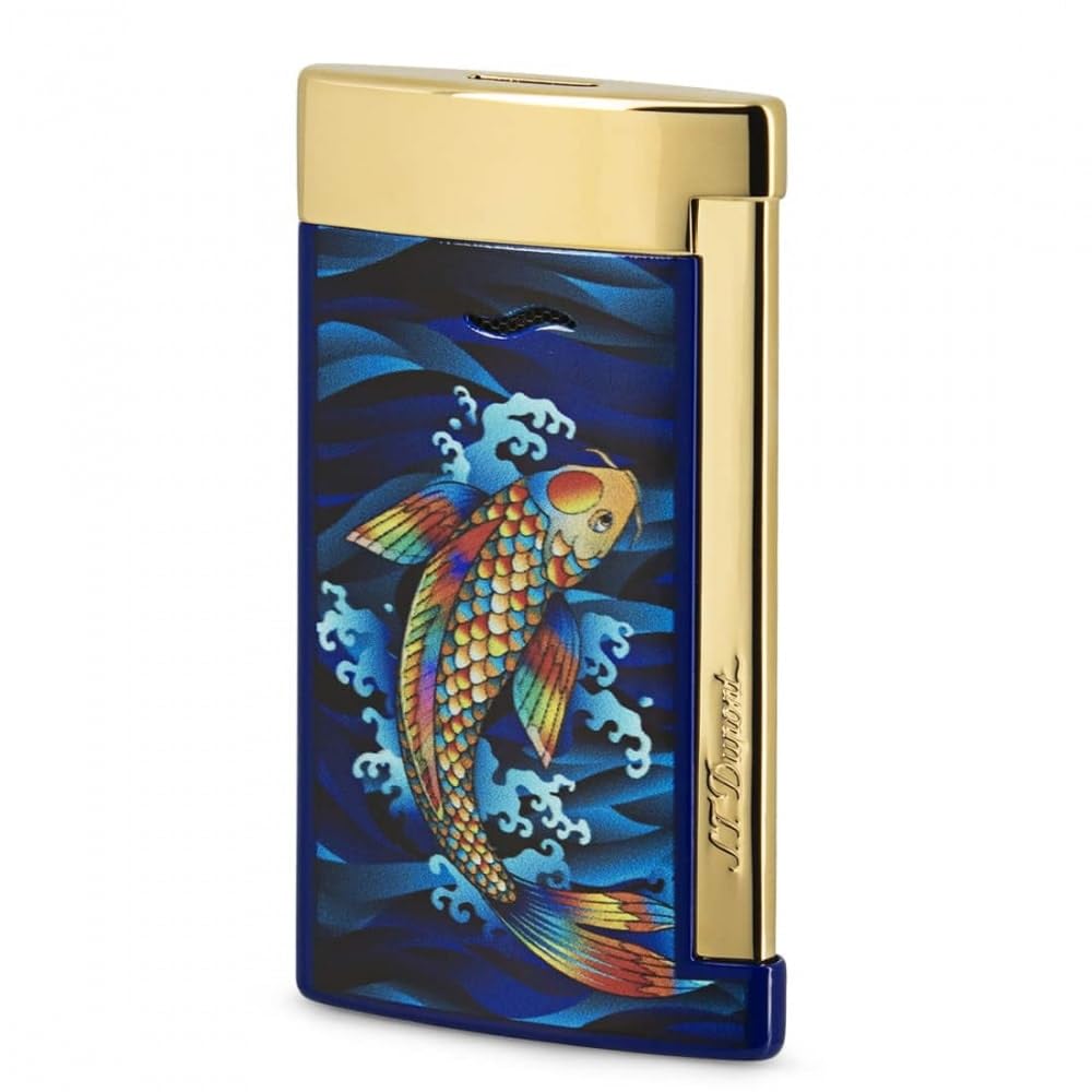 S T Dupont Slim 7 Torch Flame Single Jet Cigar Lighter - Koi Fish Collection Golden