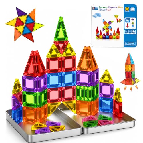 Image of Kidology Magnetic Tiles for Kids (42 PCS) | Travel Set STEM Building Blocks | Educational Construction Toys for 3 4 5 Years | Colorful Blocks for Creative Play & Imaginative Learning (Multicolor)