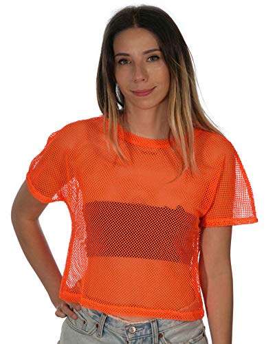Sheer Mesh Fishnet Rave Festival Women's Crop Top, Neon Orange, X-Large