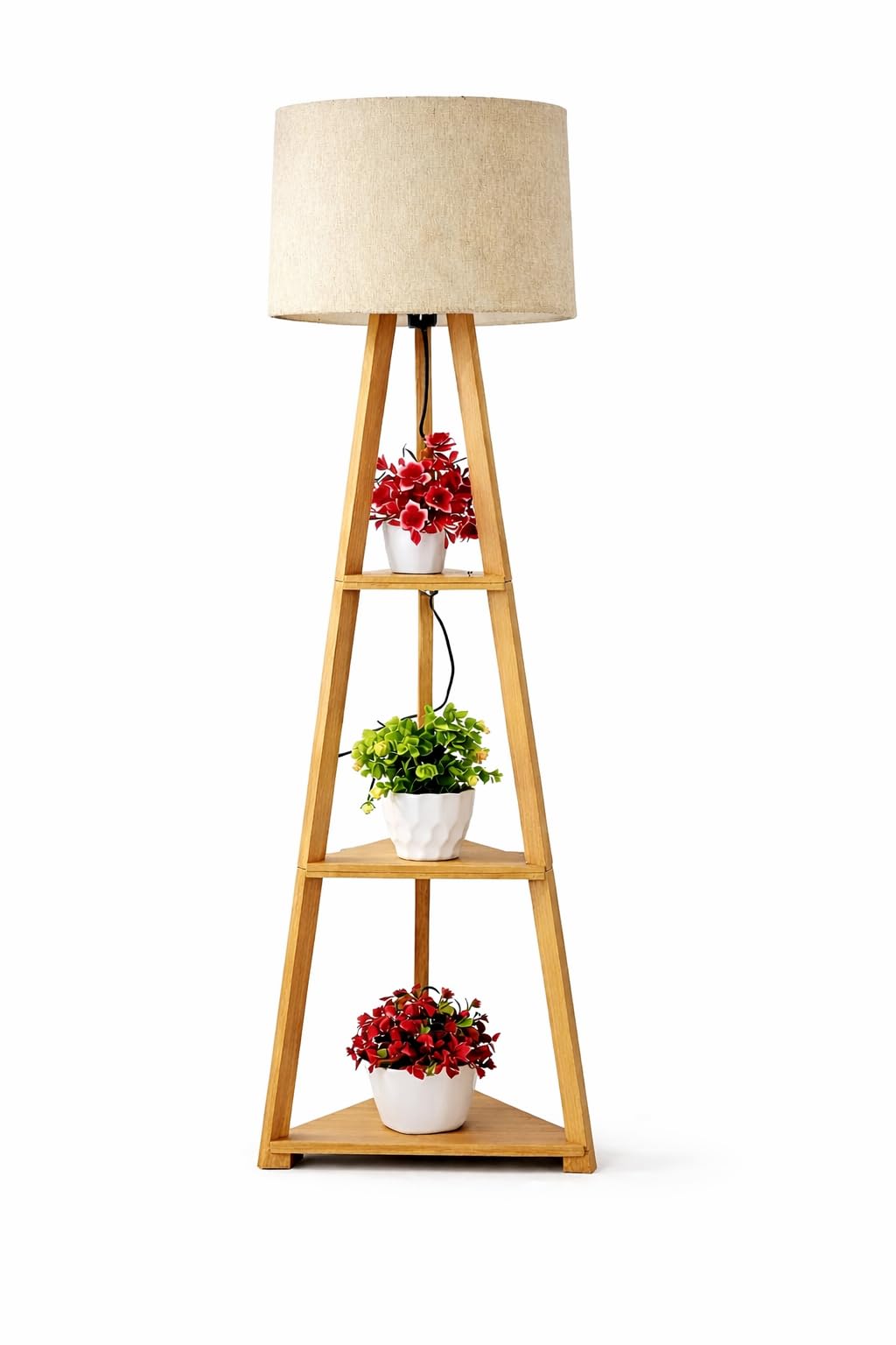 Rustic Accord Wooden Tripod Floor Lamp with Shelves | Natural Linen Shade Standing Lamp | Modern Decorative Light for Living Room, Bedroom & Office-picture-37
