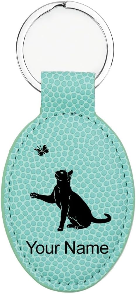 LaserGram Oval Keychain, Cat with Butterfly, Personalized Engraving Included