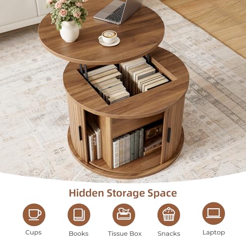 Round Lift Top Coffee Table, 23.6" Fluted Drum Coffee Table with Large Hidden Storage for Living Room, Center Table with Sliding Rolling Door for Small Spaces, Apartment, Home Office, Brown - Image 4