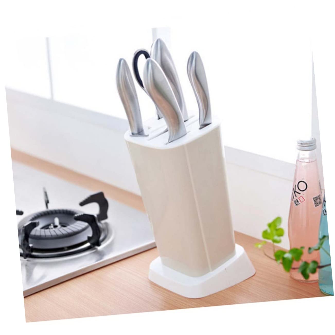 Cabilock Creative Multi Function Kitchen Rack Holder Sturdy Material Design Rotatable Bottom for Easy Drainage Multi Partition Storage for Knives Beige