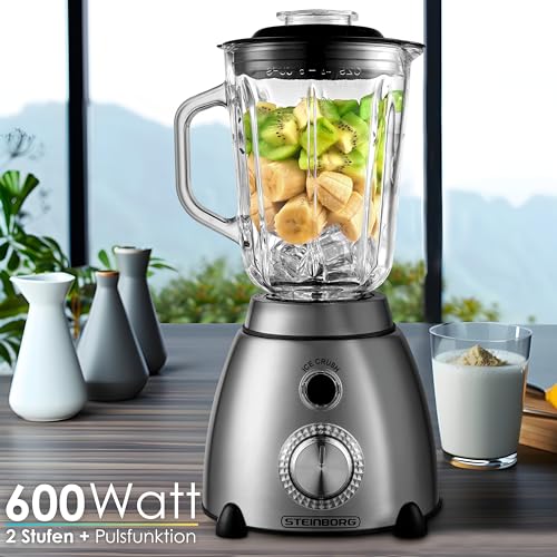 Standmixer Glas Edelstahl 1,5 Liter Glasbehälter 6-Fach Edelstahl Messer Pulsfunktion Universal Power Mixer Eiweiß Shaker Hand Blender Ice Crusher Zerkleinerer Smoothie Maker 600 Watt – Bild 3