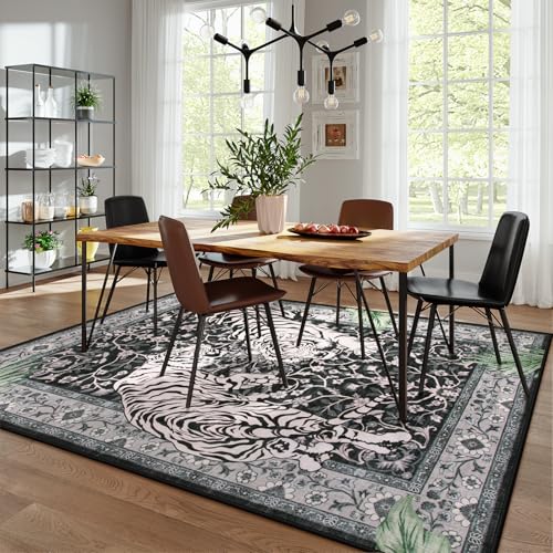 Moynesa Tiger 8x10 Area Rug, Washable Boho Rugs for Living Room, Vintage Large Soft Dining Room Rug, Non Slip Ultra Thin Stain Resistant Floor Carpet for Home Office Bedroom, Black