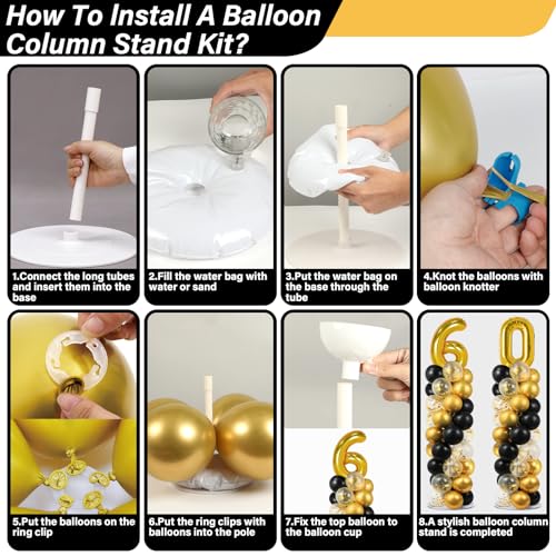 2 Sets 60th Birthday Balloon Column Stand Kit Black Gold Balloon Tower Stand Kit with Base Gold and Black Party Height Balloon Tower Stand for Floor for 60th Birthday 60 Anniversary Events Decor