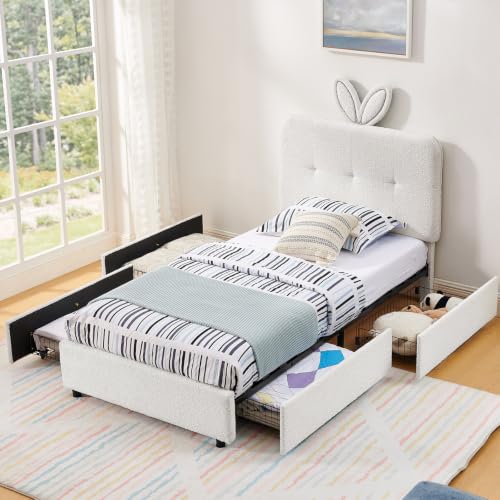 Image of Twin Led Bed Frame with 4 Storage Drawer, Upholstered Platform Floor Bed with Rabbit Ear Headboard Daybed Strong Wooden Slats No Box Spring Needed for Kids Girls Boys, Beige