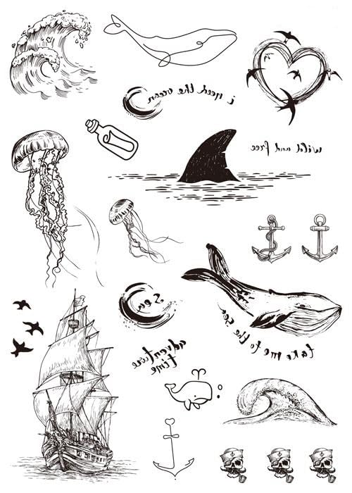 LC117 Tatuajes temporales de tipo calcomanía, con diseño de ballena, ola, velero o ancla