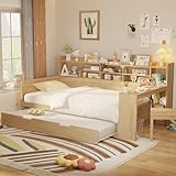 RuiSiSi Twin Size Daybed with Trundle and Bookcase, Solid Wood Daybed with Desk and Storage Headboard, Twin Corner Bed Frame with Trundle and Storage for Kids Teens Adults, Natural