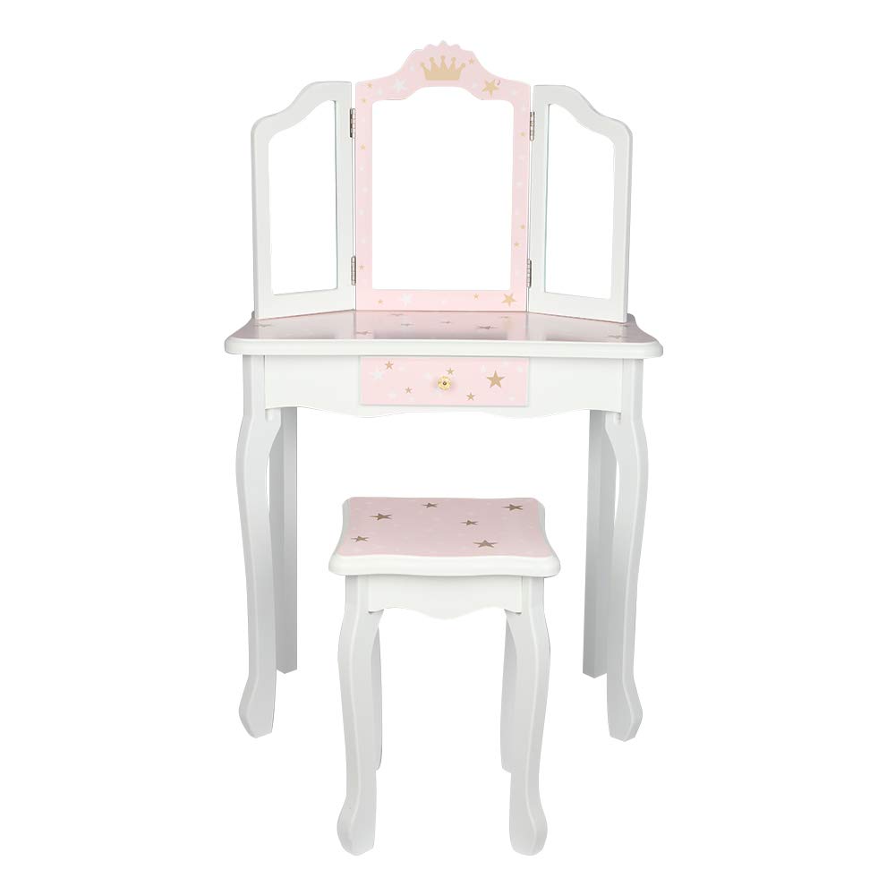 LALAHO Tocador para niños con taburete, mesa de maquillaje para niñas, tocador con cajón con dos espejos plegables de 180° para niñas de 3 a 9 años (Blanco y Rosa)