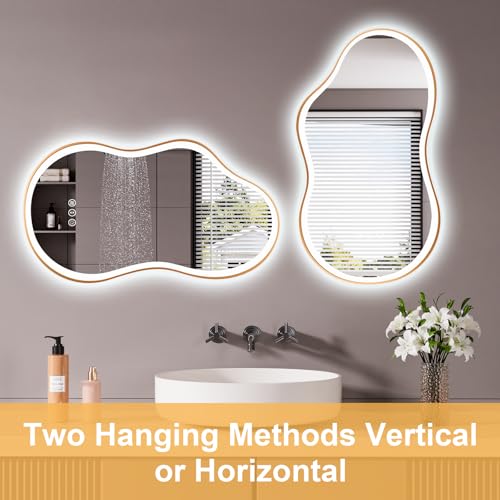 Image of WTTY LED Irregular Bathroom Mirror 26x46 Inch with Front & Back Lights - Asymmetrical Design, Anti-Fog, Dimmable 3 Color Temperatures, Shatterproof Glass, Horizontal or Vertical Mount (Gold Frame)