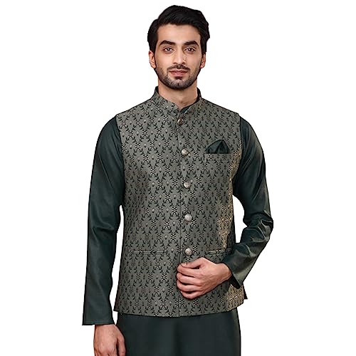 Image of Kisah Men's Silk Blend Geometric Nehru Jacket Regular Fit | Designer Ethnic Layering | Wedding & Occasion Wear