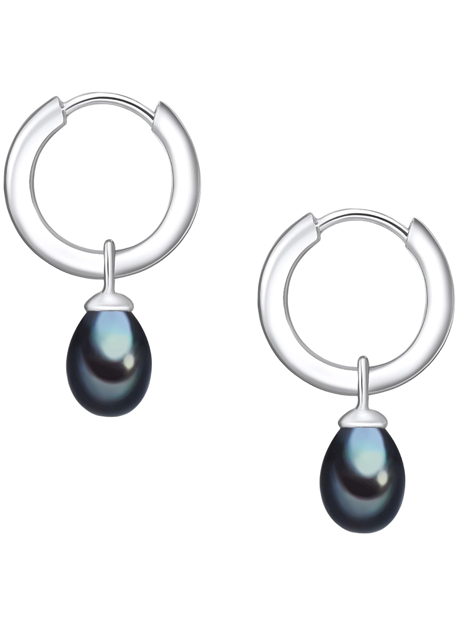 Valero Pearls Damen Ohrringe 925/- Sterling Silber | rhodiniert, Klappcreolen, Süßwasser-Zuchtperle, ca. 7,0 - 8,0 mm, blau, tropfenförmig