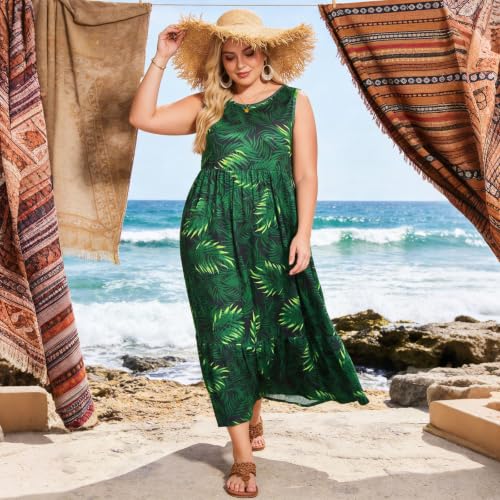 Image of Moon Wood Women's Plus Size Sleeveless Summer Dress Crewneck Tank Casual Flowy Maxi Dress with Pockets Vacation Outfits
