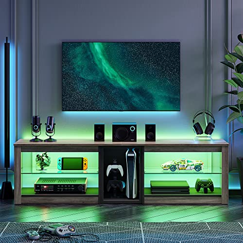 Bestier Tv Stand For 70 Inch Tv, Gaming Entertainment Center For Ps5, Led Tv Cabinet With Glass Shelves For Living Room, 63'' Inch, Grey Wash #TOP1