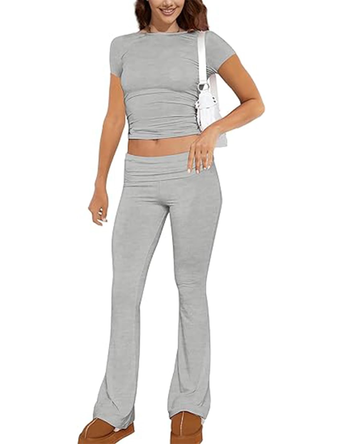 ROFUSSO tweedelig dames herfst lounge set met langarm top en yoga korte broek, trainingspak, vrijetijdsoutfit, fitness sportkleding set, bruin, M
