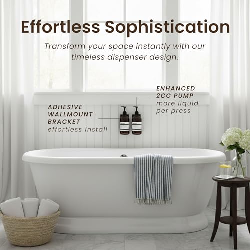 Image of Shampoo and Conditioner Dispenser Wall Mounted Set of 2 Amber Black | 500 ml Shower Gel Dispenser Set of 2. Refillable Shampoo and Conditioner Bottles. Drill Free Secure Design. Amber Classic