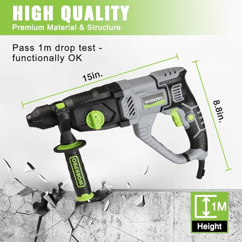 Image of WORKPRO 1-1 /4 Inch SDS-Plus Rotary Hammer Drill, 7.5AMP, Lightweight Corded Version for Concrete Demolition Chipping Rotomartillo, 5 SDS-Plus Bits