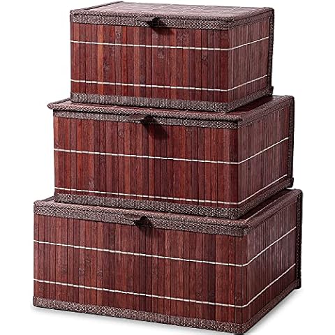 Honygebia Brown Bamboo Decorative Storage Boxes - Rectangle Lined Basket with lids Organizer for Shelf (Set of 3) Cover
